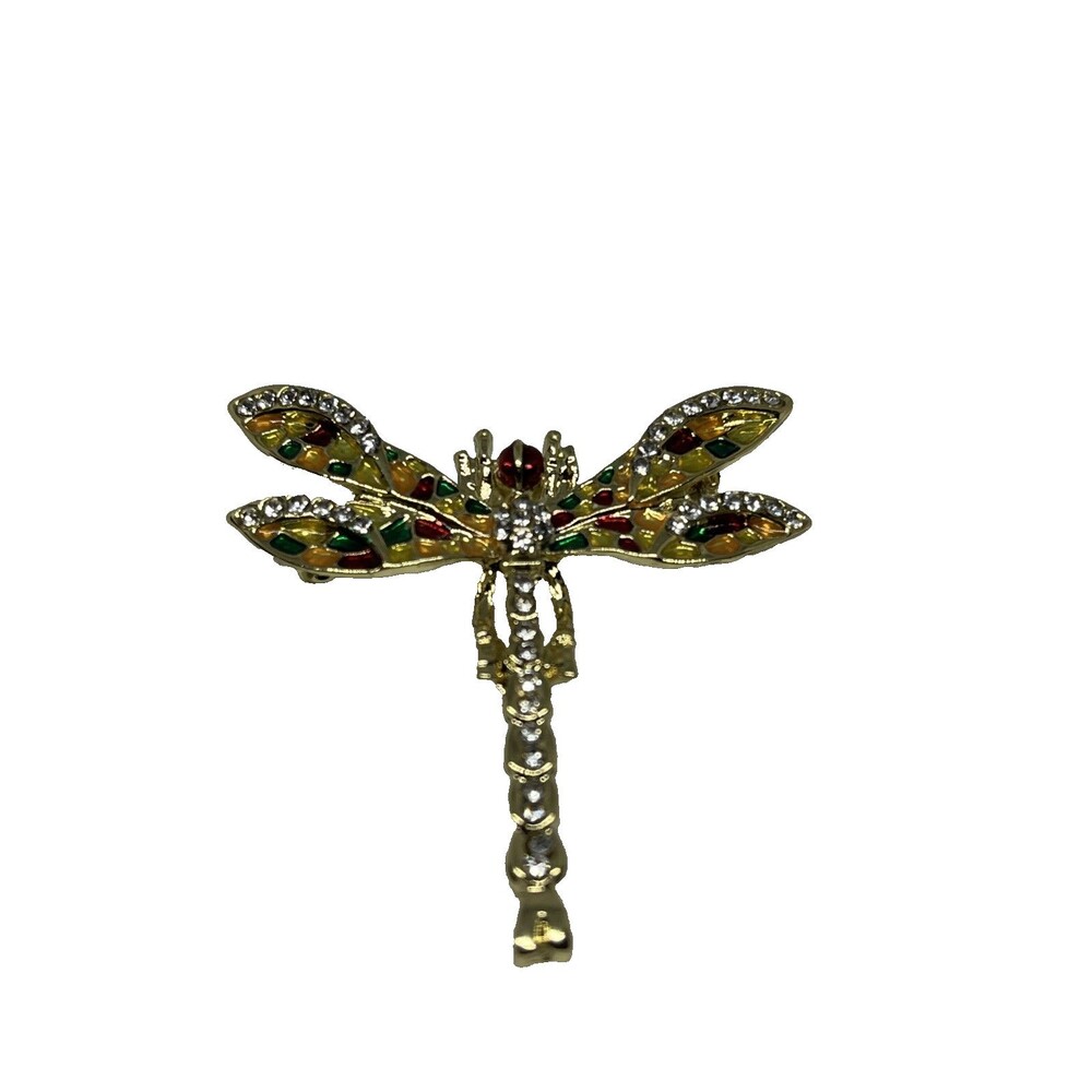 Vintage Dragonfly Colorful Stone Brooch Pin Gold Tone Rhinestone